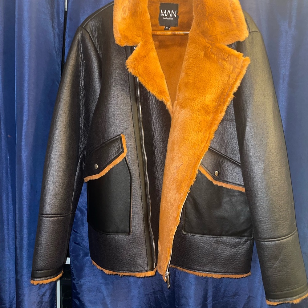 BoohoMan Leather Jacket W/ Fur - Picture 9 of 12